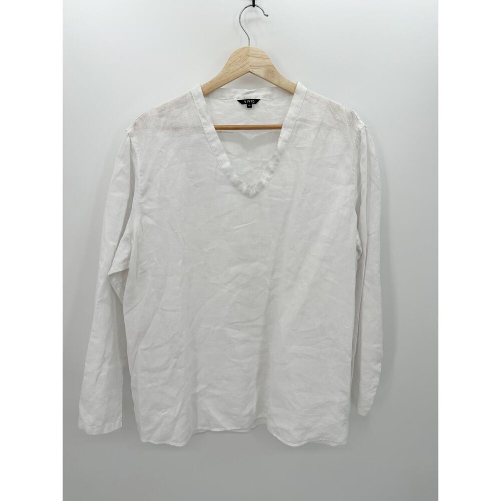 Vivid Women White V-Neck Linen Top Shirt Blouse Coastal Minimal Neutral Size XL
